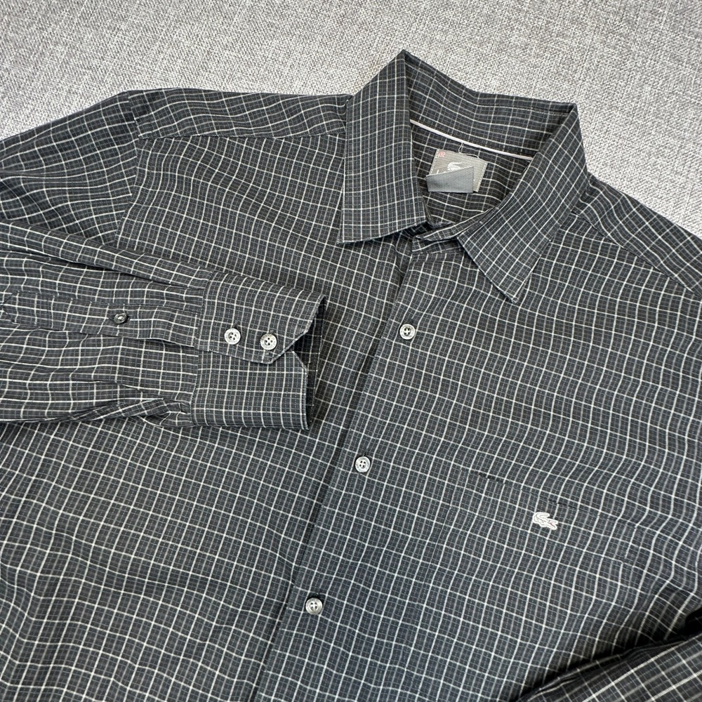Lacoste Button Front Shirt Mens 42 Large Black Gray‎ Grid Check Cotton Crocodile